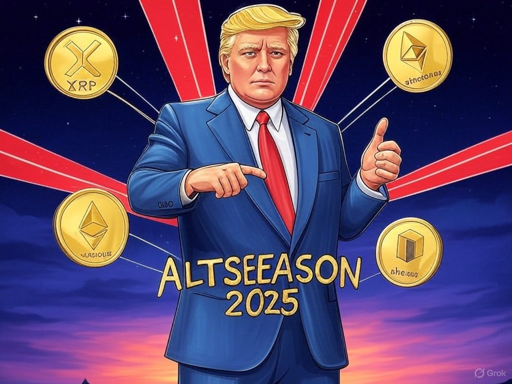 Ilustração estilizada de uma capa com tema de criptomoedas ilustradas com os logotipos de XRP, Solana e Ethereum, conectadas por linhas dinâmicas. Abaixo, o texto "ALTSEASON 2025".