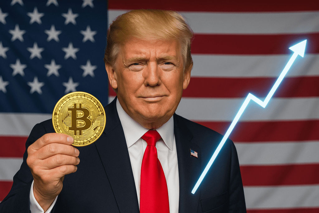Imagem digital de Donald Trump segurando uma moeda de Bitcoin com expressão confiante; ao fundo, a bandeira dos Estados Unidos tremula e, no canto direito, aparece um gráfico financeiro em ascensão, simbolizando a valorização do mercado de criptomoedas.