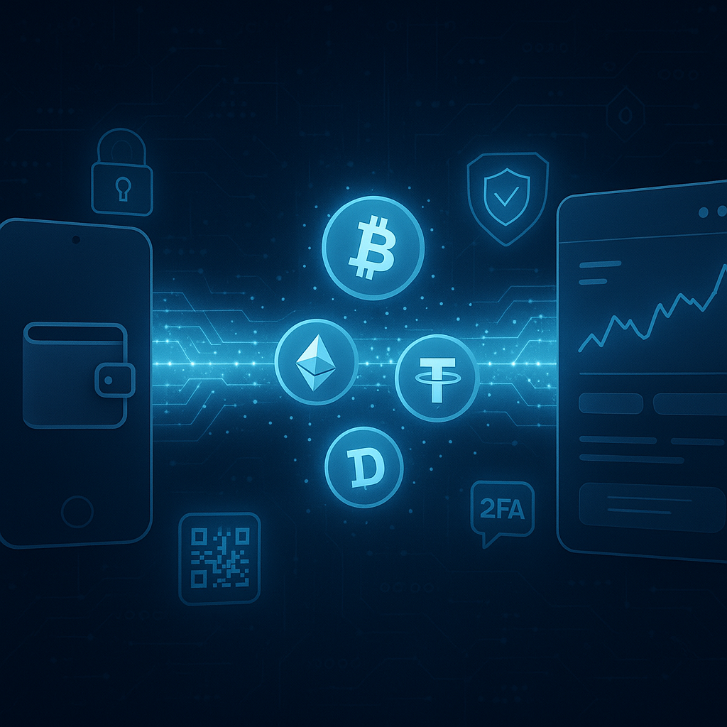 Imagem o processo de transferir cripto entre carteira e exchange.