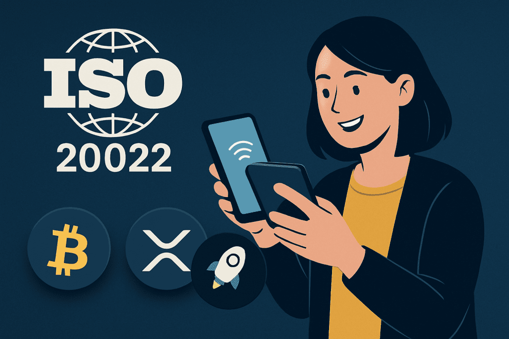 Mulher sorridente realizando pagamento com smartphone via tecnologia contactless, representando a integração entre finanças digitais, blockchain e criptomoedas, com ícones do Bitcoin, XRP e Stellar Lumens ao fundo, ilustrando o impacto da ISO 20022 no mercado cripto.