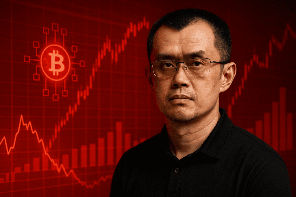 Imagem digital em estilo moderno e realista com predominância da cor vermelha, mostrando Changpeng Zhao (CZ) ao centro, cercado por gráficos financeiros estilizados que representam o mercado de criptomoedas.